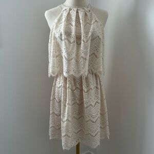 She + Sky Cream Lace High Neck Mini Dress